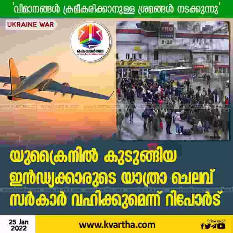 യുക്രൈനില് കുടുങ്ങിയ ഇന്ഡ്യക്കാരുടെ യാത്രാ ചെലവ് സര്കാര് വഹിക്കുമെന്ന് റിപോര്ട്