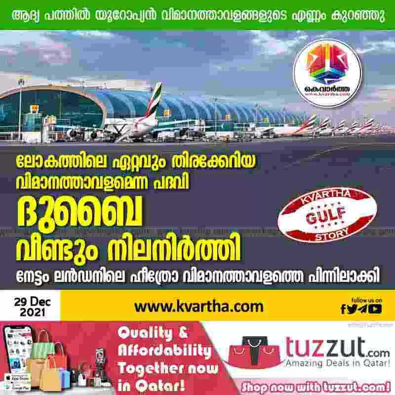 ലോകത്തിലെ ഏറ്റവും തിരക്കേറിയ വിമാനത്താവളമെന്ന പദവി ദുബൈ വീണ്ടും നിലനിർത്തി; നേട്ടം ലൻഡനിലെ ഹീത്രോ വിമാനത്താവളത്തെ പിന്നിലാക്കി