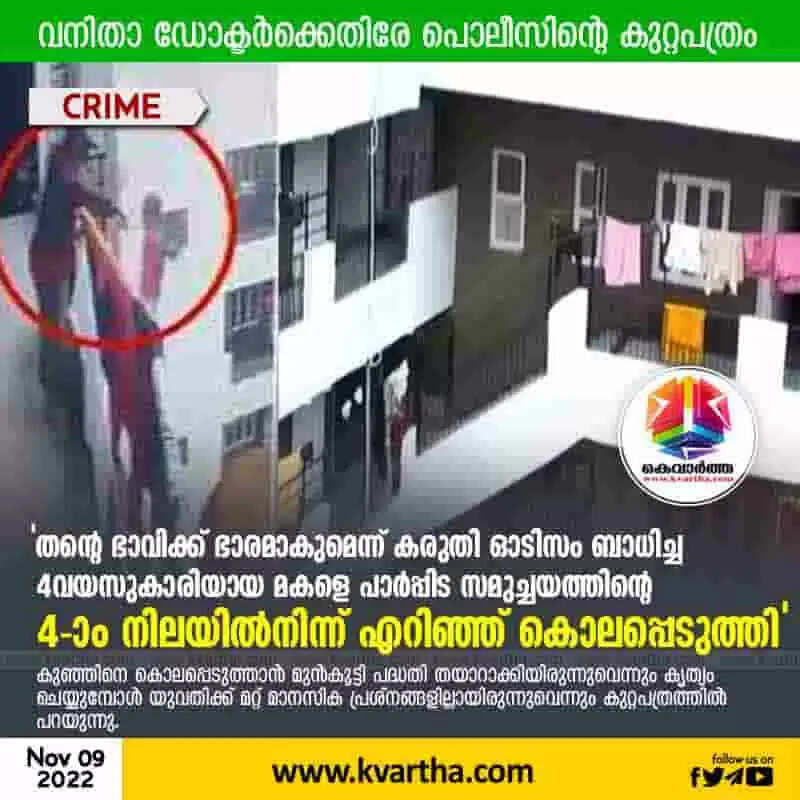 Charge sheet | 'തന്റെ ഭാവിക്ക് ഭാരമാകുമെന്ന് കരുതി ഓടിസം ബാധിച്ച 4വയസുകാരിയായ മകളെ പാര്പ്പിട സമുച്ചയത്തിന്റെ 4-ാം നിലയില്നിന്ന് എറിഞ്ഞ് കൊലപ്പെടുത്തി'; വനിതാ ഡോക്ടര്ക്കെതിരേ പൊലീസിന്റെ കുറ്റപത്രം