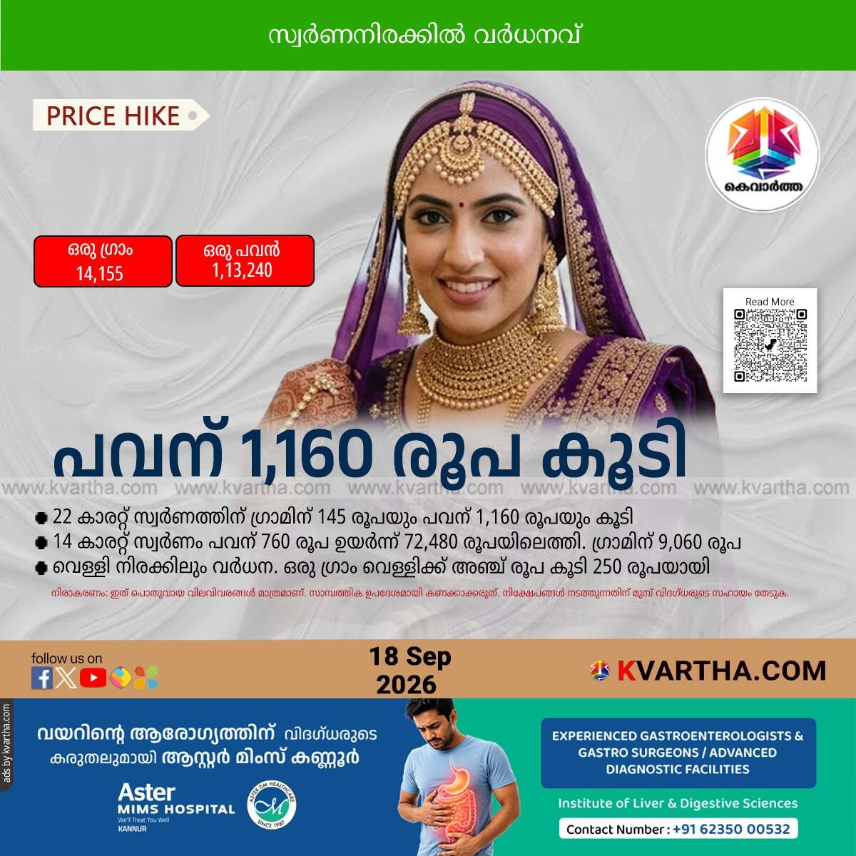 gold price hiked kerala september 18 2026 sovereign rate