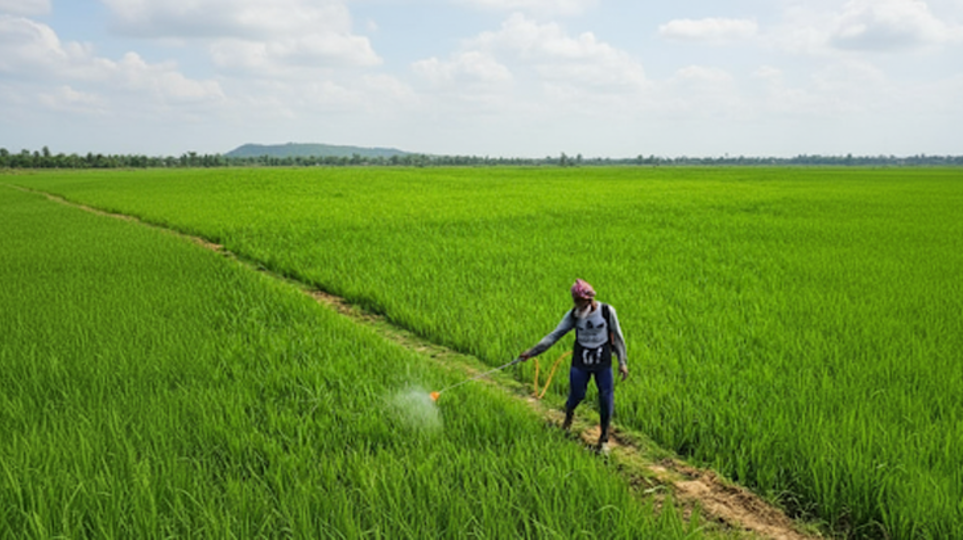  A farmer working in a field. The image is a representation of the article about India's pesticide ban.