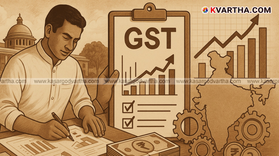 Hand holding Indian rupees with GST logo background, signifying tax reform.