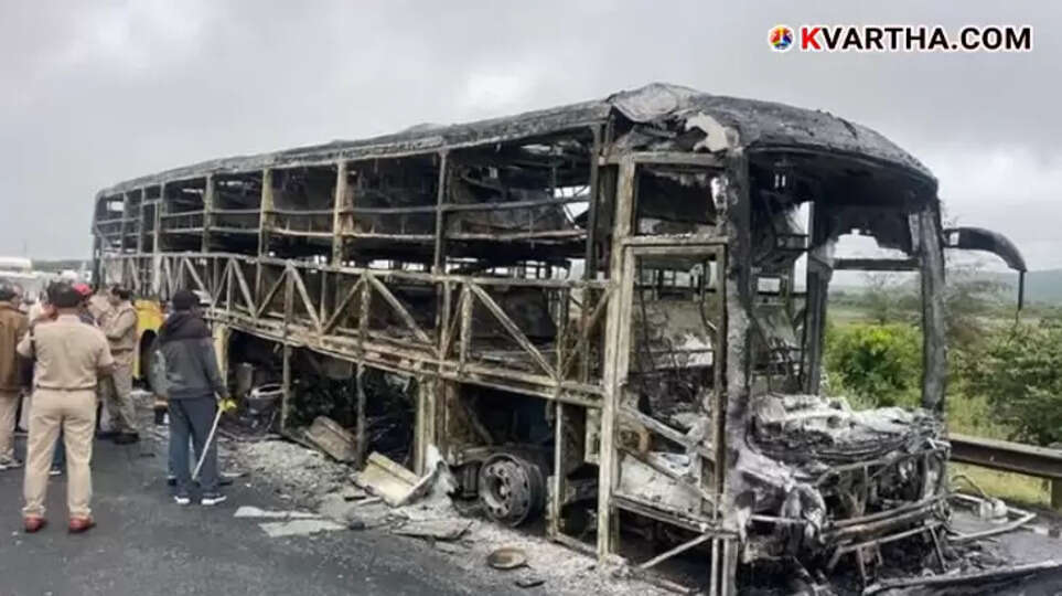 Charred remains of KVR Travels bus after fire accident in Kurnool.
