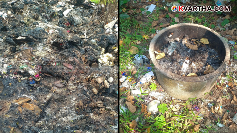 Burnt garbage pile on railway land in Valapattanam.