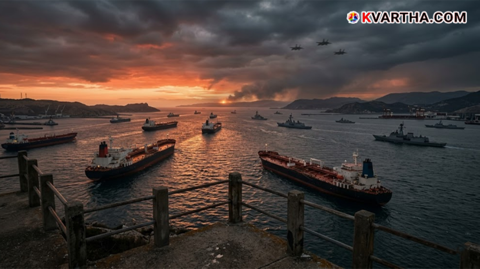 A symbolic scene depicting the blockade of shipping in the Strait of Hormuz and the US-Iran conflict.