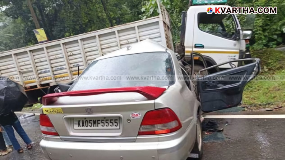 Damaged car at the scene of the Mangaluru highway accident.