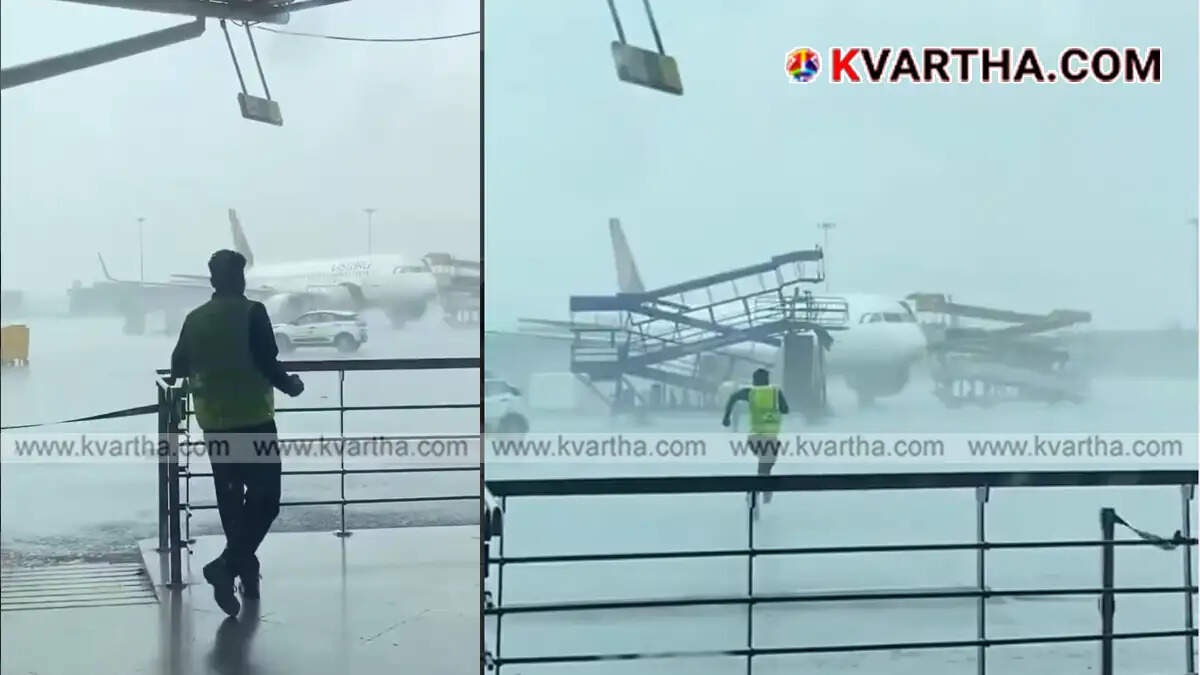 Damaged Air India aircraft at Delhi International Airport after a storm.
