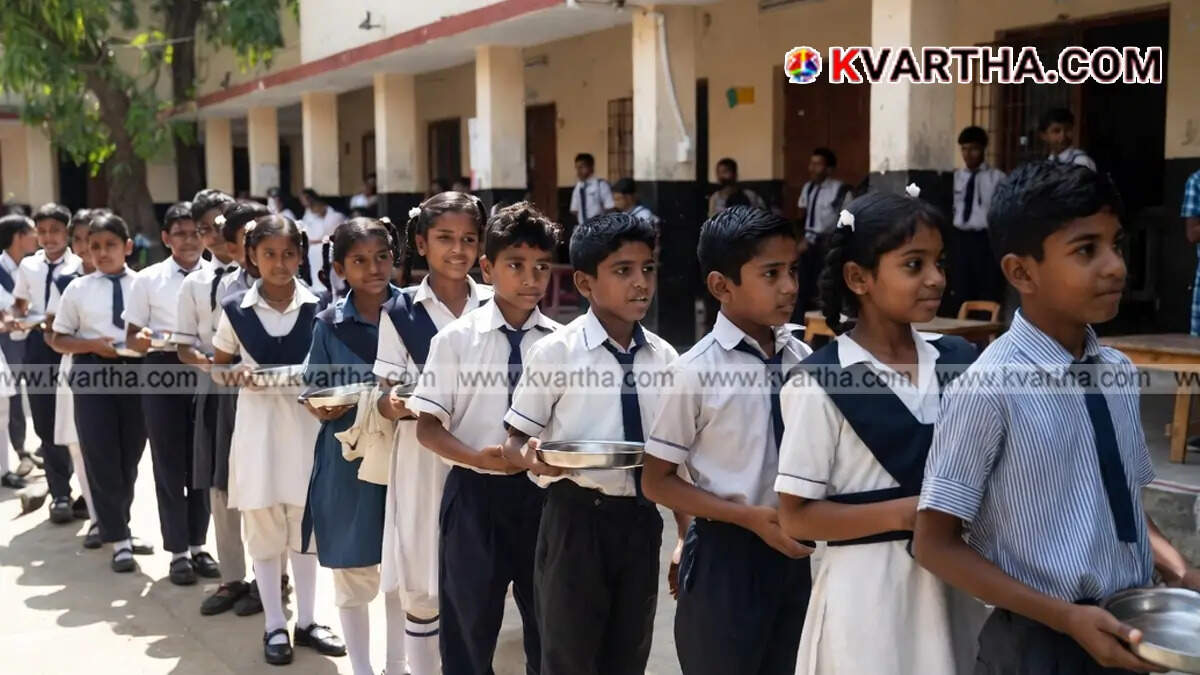  Students being served mid-day meals in a Kerala government school