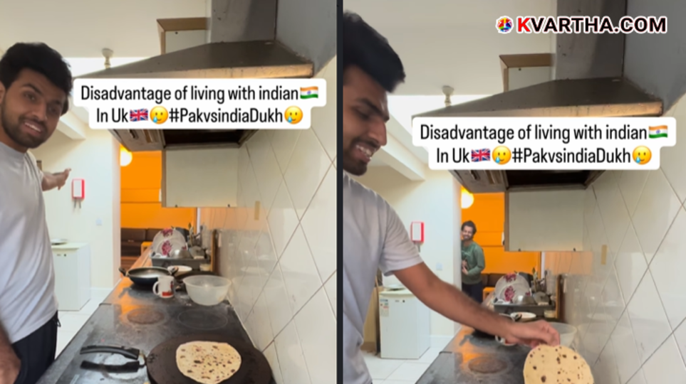 Two friends from India and Pakistan sharing a meal in their UK apartment.