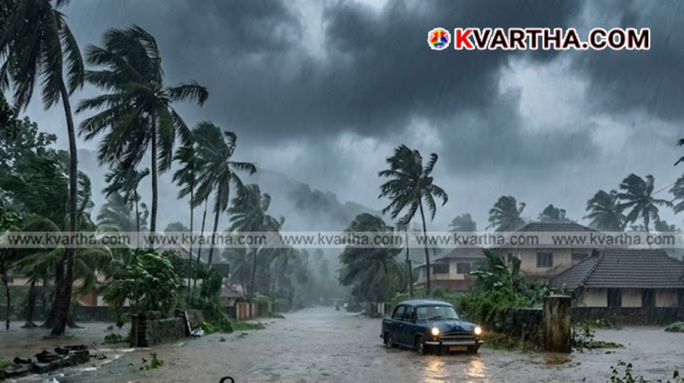 Dark monsoon clouds hovering over a residential landscape in Kerala with visible rainfall streaks.