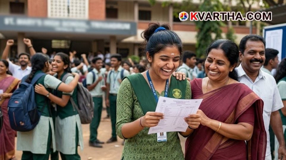Infographic showing Kerala SSLC 2026 results statistics with 99.07% pass percentage and Pathanamthitta as the top district.