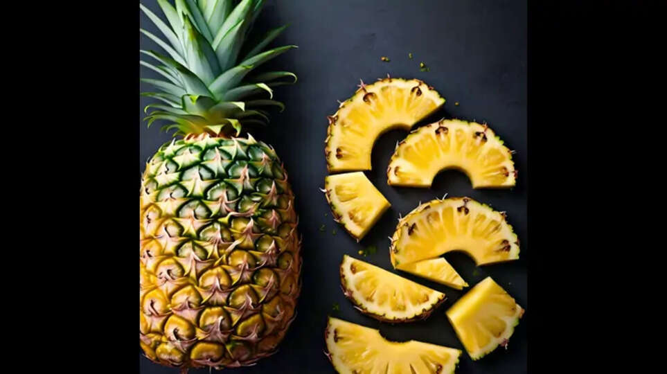 A happy family enjoying a pineapple.