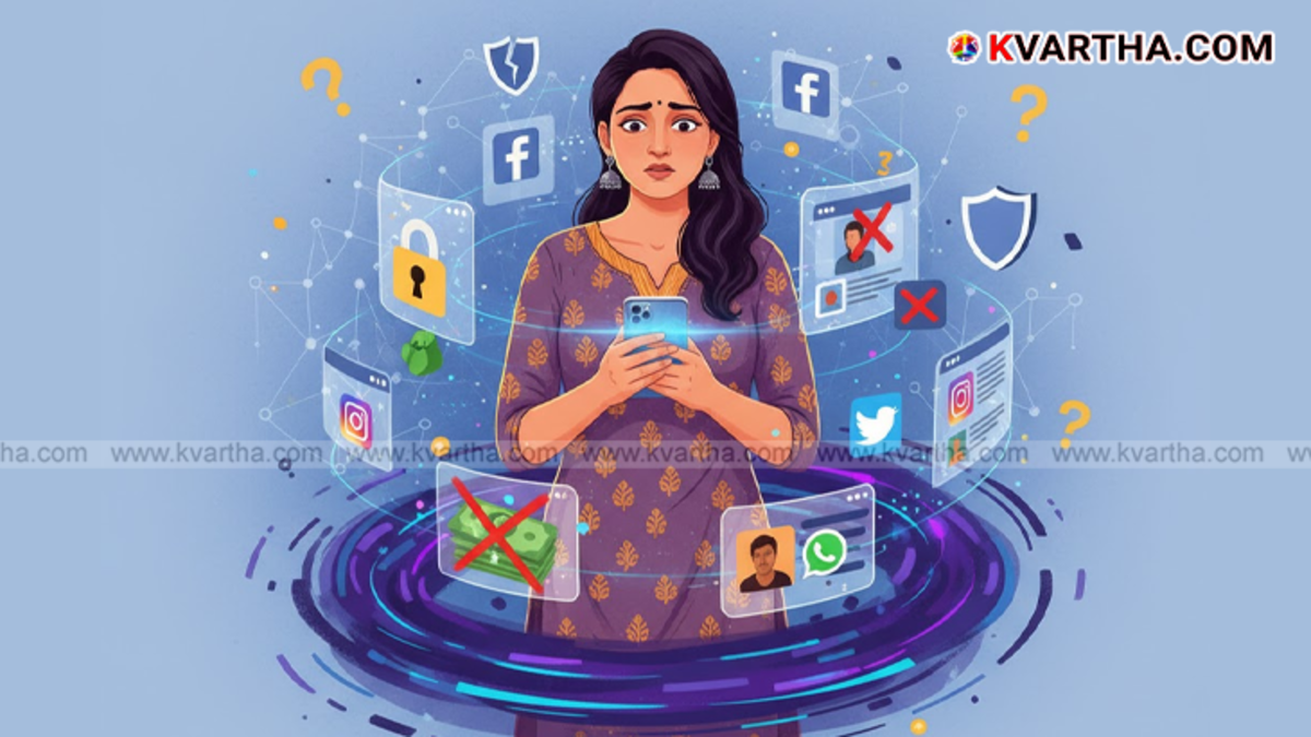 Image depicting a deepfake video and a fake advertisement on social media with a warning sign.
