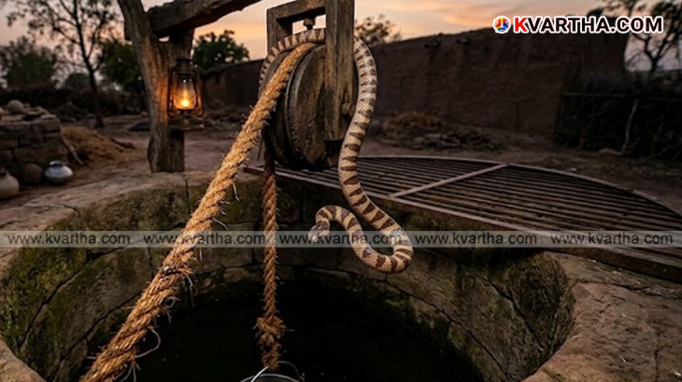 A symbolic scene of Shankhuvaraya catching a snake from a rope in a well in Kozhikode.&nbsp;