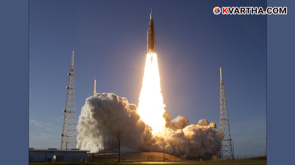 NASA SLS rocket launching the Artemis II mission toward the moon in April 2026.