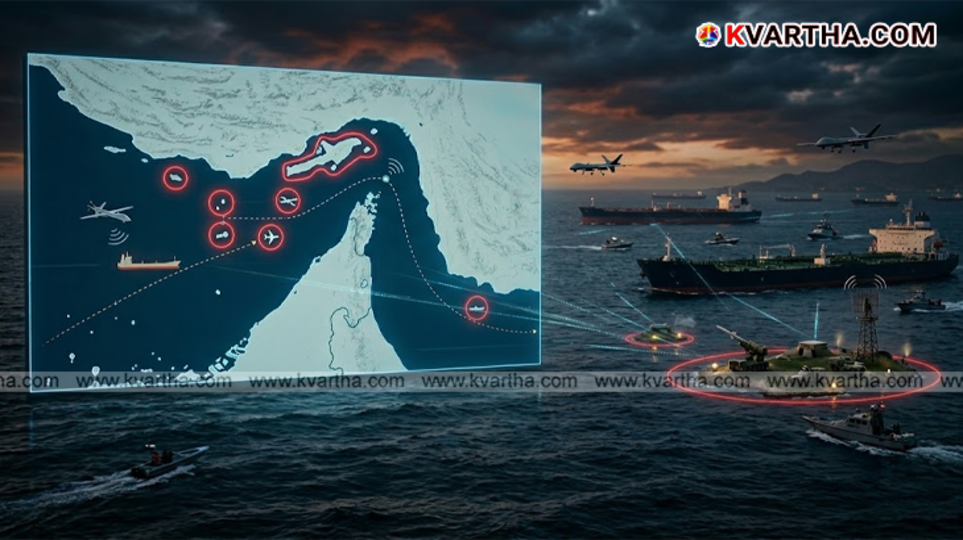 A symbolic view of the Strait of Hormuz and military surveillance.