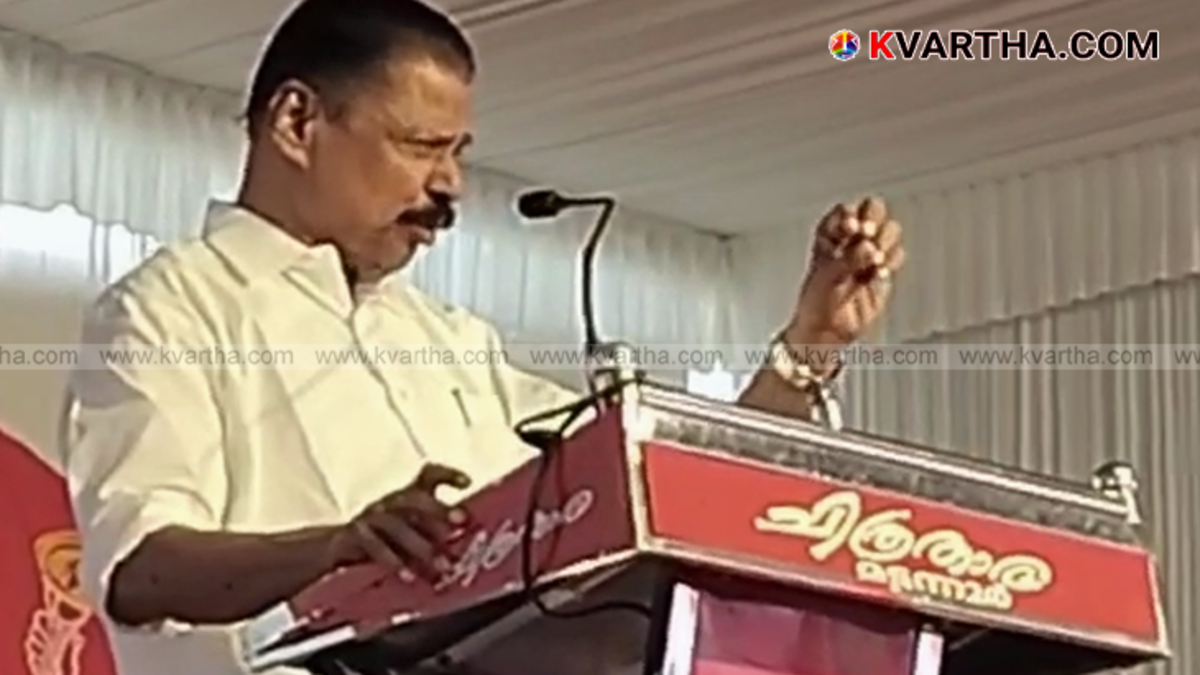 CPM State Secretary M V Govindan Master speaking at a public event