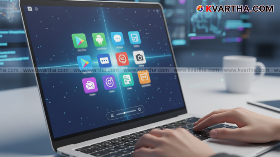 A futuristic illustration showing the Android logo on a laptop screen.