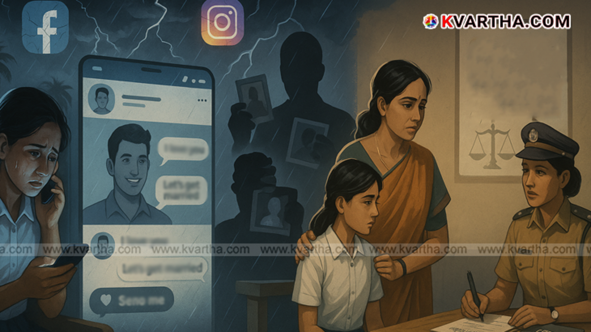 Representational image of a young girl using a phone in a dimly lit room, symbolizing the dangers of online interactions.