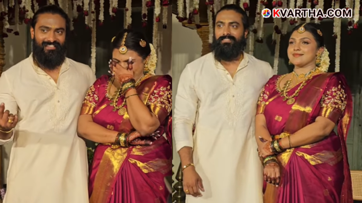 Actress Arya Parvathi and actor Dileep in traditional wedding attire.