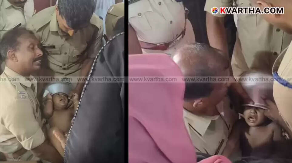 Firefighters removing an aluminum pot stuck on a child's head.