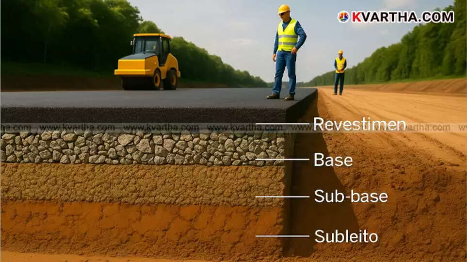  Diagram illustrating the different layers of a modern road construction, including subgrade, sub-base, base, and wearing course.