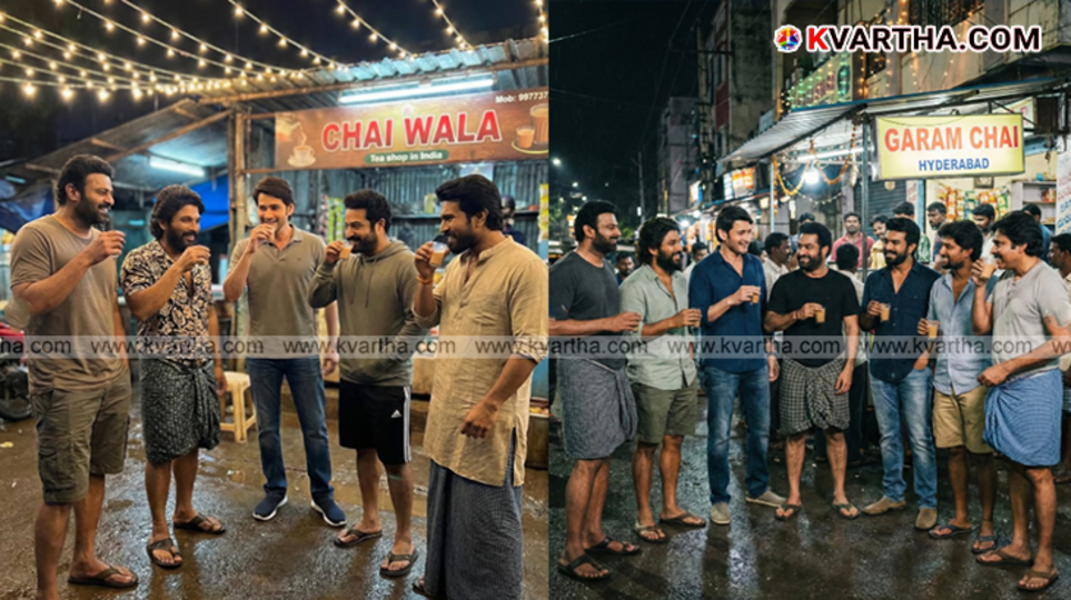 AI image of actors Prabhas and Allu Arjun drinking tea at a local shop.