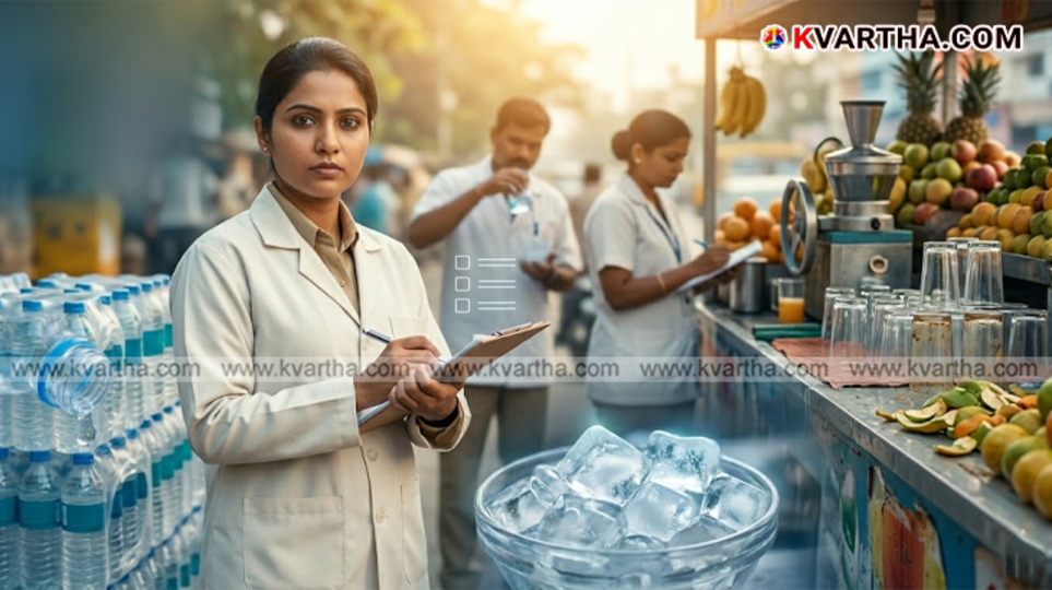 A symbolic image of the inspection conducted by the Food Safety Department at juice shops and bottled water units in Kerala, and Health Minister Veena George.&nbsp;