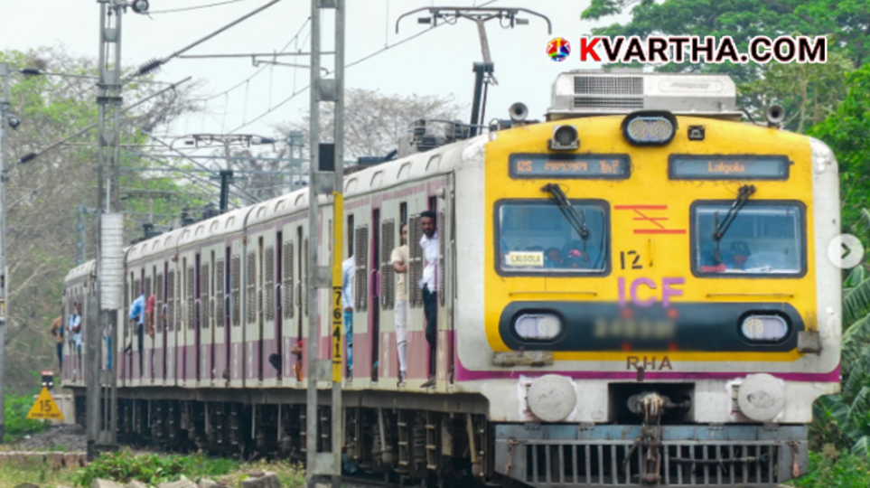 A scenic shot of a passenger train moving on the tracks near Nagpur Junction railway station.