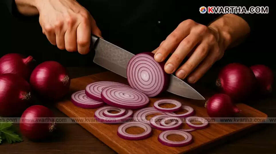 Person cutting an onion.