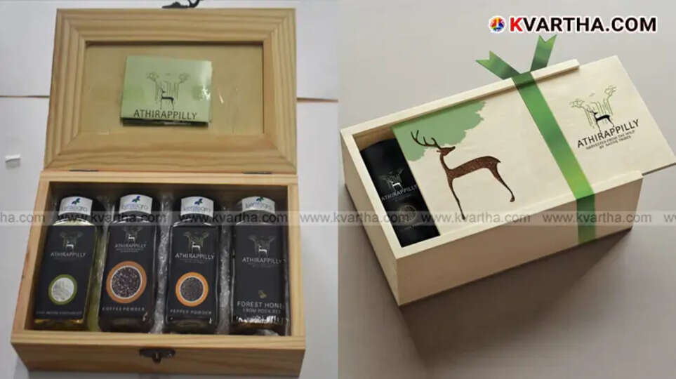 Athirappilly tribal valley brand products like coffee, honey, and pepper.