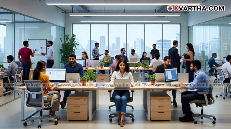  Young professionals working in a modern co-working space in Kerala.