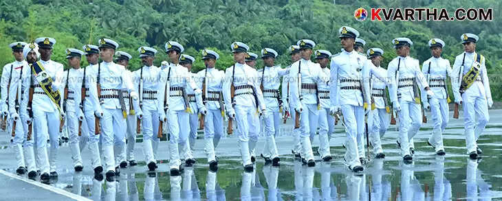 Cadets marching in a passing out parade at Ezhimala Naval Academy.