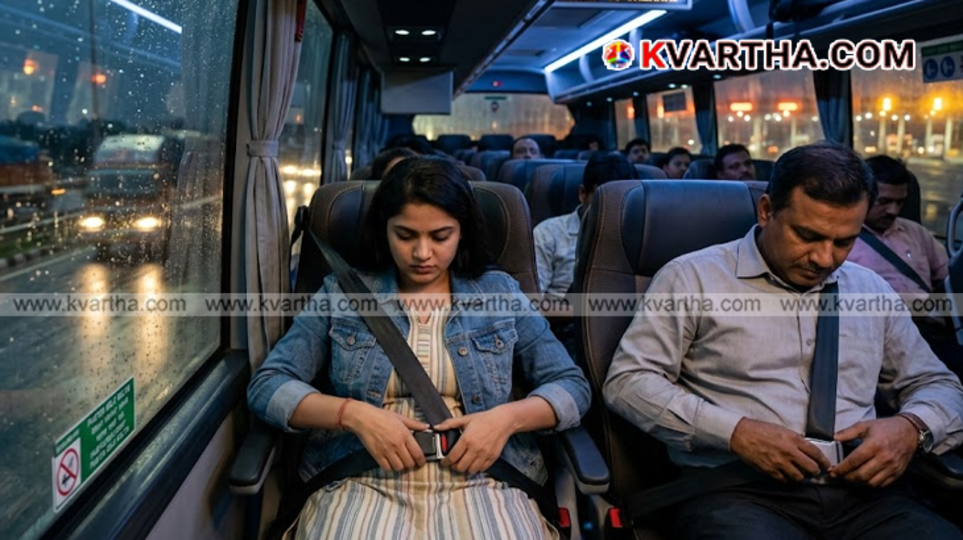 Passengers wearing seat belts inside a long-distance luxury bus for safety.
