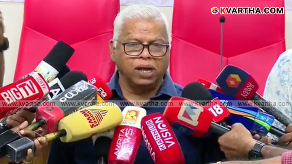 MV Jayarajan holding a press conference at the Azhikkodan Mandir, Kannur.