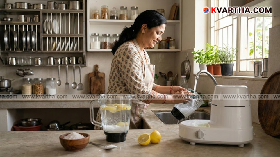 A clean mixer grinder jar with lemon and salt nearby.