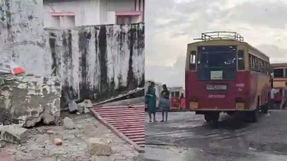 KSRTC Bus at Kottayam Bus Stand Moves Backward, Smashes Wall, Kottayam, News, KSRTC Bus, Accident, Wall, Bus Stand, Passengers, CCTV, Kerala News