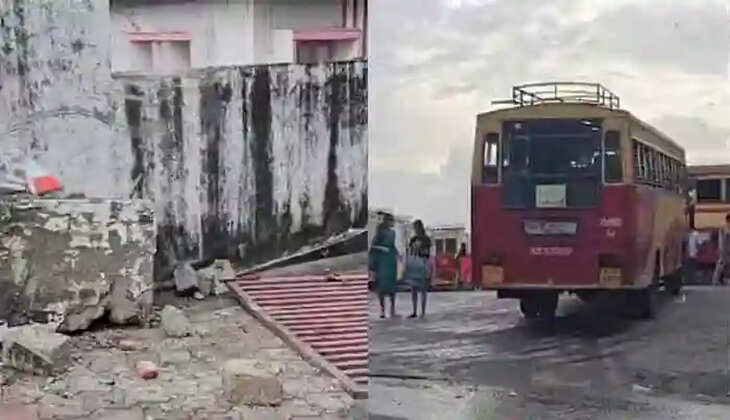 KSRTC Bus at Kottayam Bus Stand Moves Backward, Smashes Wall, Kottayam, News, KSRTC Bus, Accident, Wall, Bus Stand, Passengers, CCTV, Kerala News