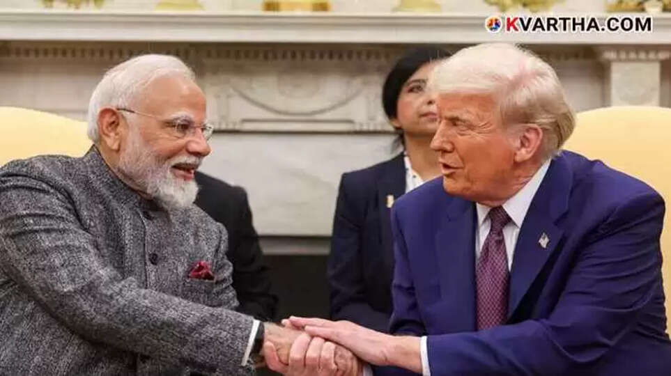 PM Modi and President Trump shaking hands during a bilateral meeting