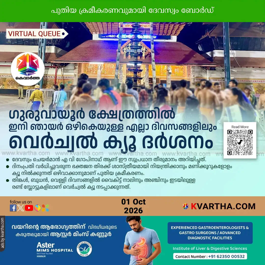 guruvayur temple virtual queue all days except sunday 2026