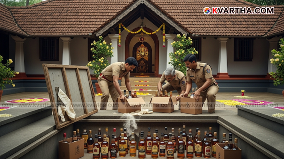 Excise officials with seized liquor bottles during a raid in Thiruvananthapuram.