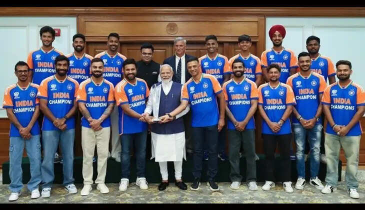 A photograph of the Indian cricket team in a meeting with Prime Minister Narendra Modi and BCCI President Jay Shah