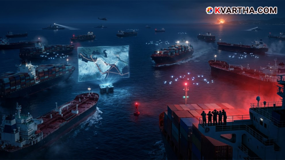 A symbolic scene of ships breaking the blockade in the Strait of Hormuz and Hapac-Lloyd ships being stranded.