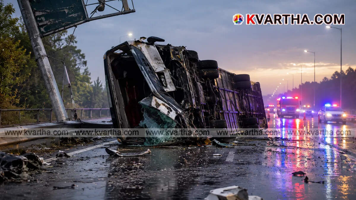 Conceptual image showing a KSRTC bus overturned on a highway