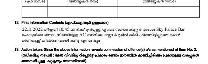 Scene of police investigation outside a bar hotel in Kannur.