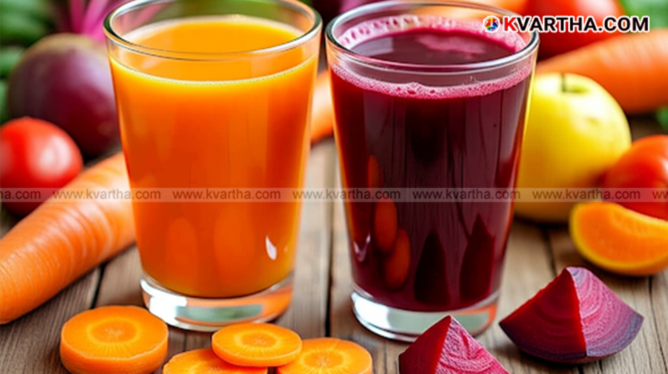 A glass of fresh beetroot and carrot juice.
