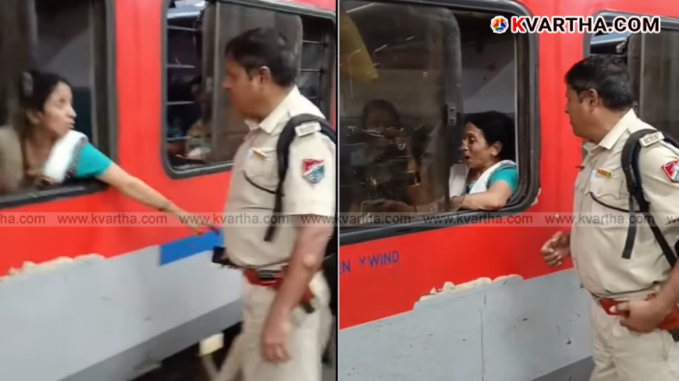 Police officer snatches phone from a train passenger as an awareness demonstration
