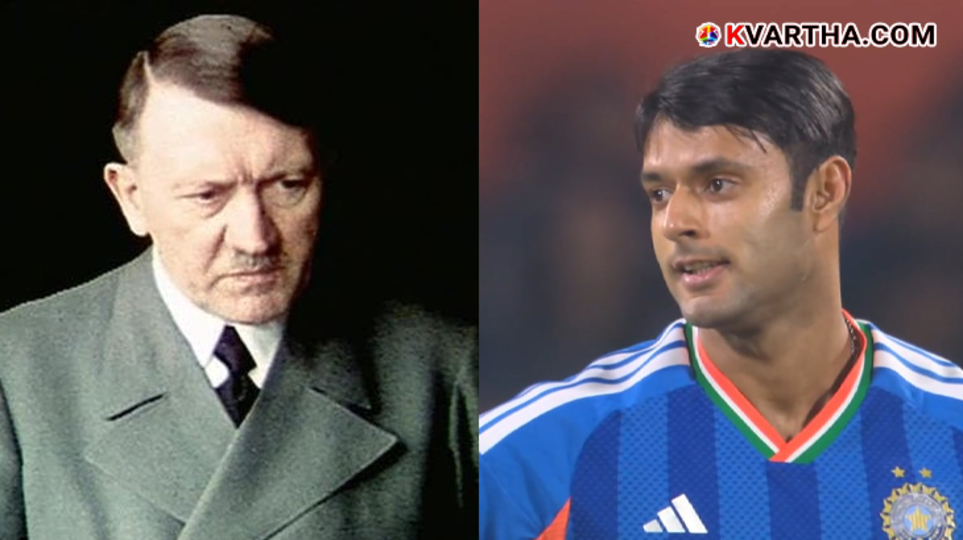Split image showing Shivam Dube's new haircut and Adolf Hitler.