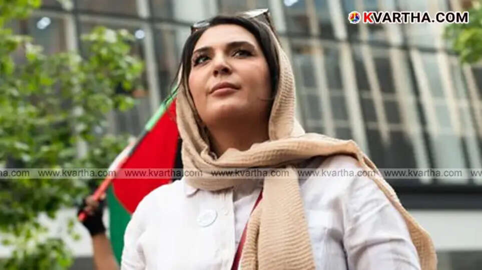 Palestinian-American activist Nerdine Kiswani at a public event with an illustration representing FBI security involvement.