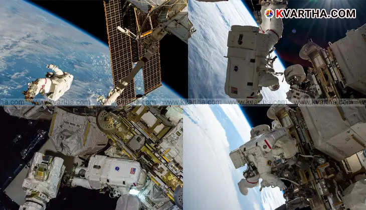 International Space Station orbiting Earth, with solar panels and modules visible.
